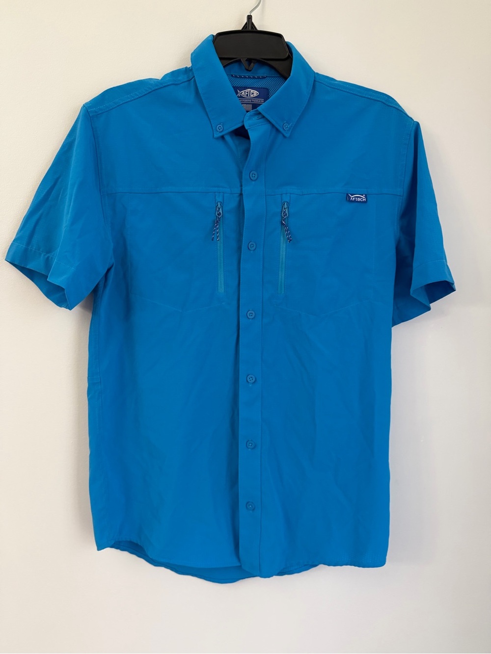 AFTCO AFTECH Fishing Shirt Mens Small Blue Short Sleeve Performance Button Up
